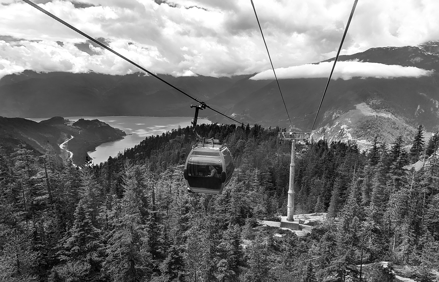 sea to sky gondola cars and guy wires and view